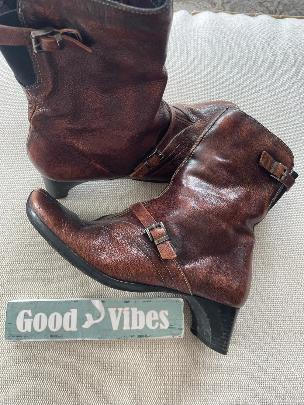 Think! Women's Brown Leather Ankle Boots with Buckle Detail